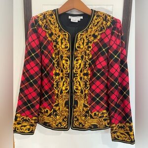 Vintage 90s Maggy London 100% Silk Blazer Plaid Red & Gold